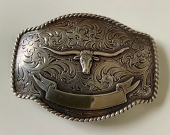 High Quality Western Longhorn Belt Buckle Floral Engravings Bull Head Rope Border Antique Nickel