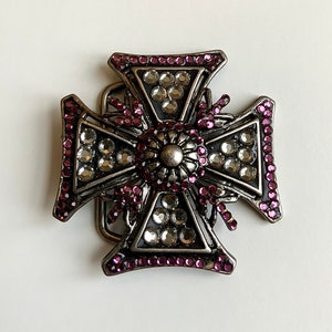 Glamrock Vintage Gothic Cross Belt Buckle Purple and Crystal Clear Rhinestones Bling Victorian Glam