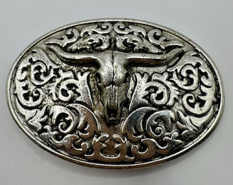 Boucle de ceinture ovale vintage en laiton antique, fabriquée aux États-Unis, interchangeable, tête de biche, barbotte, tête de mort de taureau, western, boucle de ceinture western, cow-boy