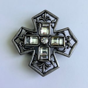 Croix gothique victorienne vintage Glam Rock avec découpe en filigrane et strass en cristal boucle de ceinture, nickel antique