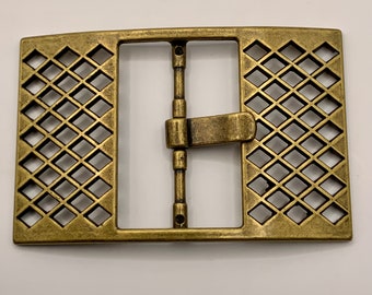 Large Rectangular Cutout Chevron Grid Center Bar Belt Buckle Interchangeable Vintage Unique Antique Brass