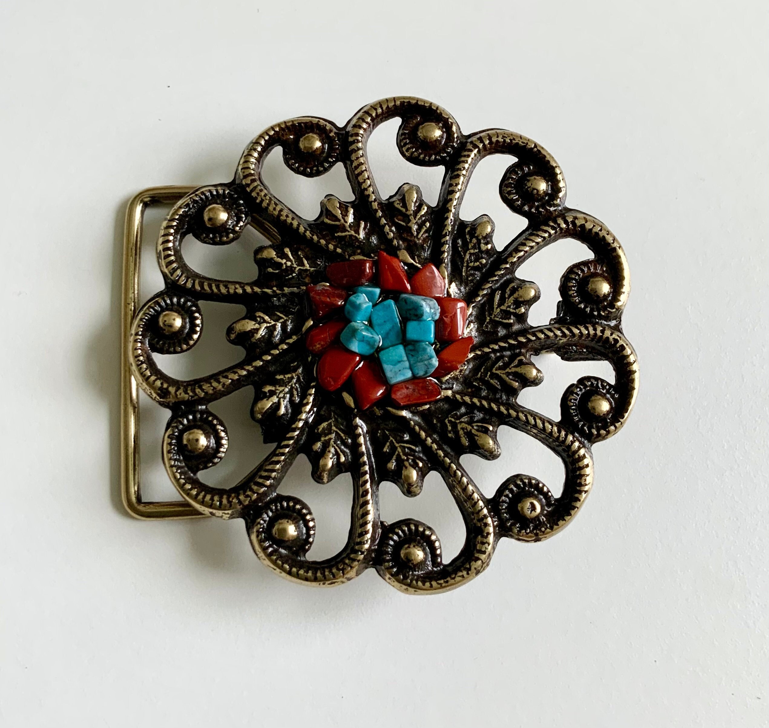 Unique Vintage Interchangeable Cutout Flower Filigreed with Vines Leaves and Turquoise Coral Chips Antique Brass