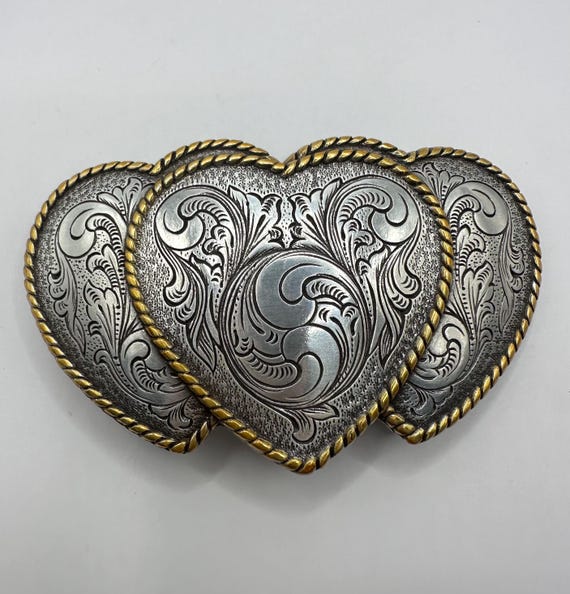 Vintage Western Style Triple Heart Engraved Belt Buckle Silver Tone‎ Cowboy Vintage Western Style Triple Heart Engraved Belt Buckle  main image 3