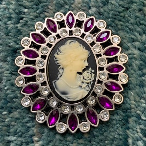 Stunning Vintage Cameo Belt Buckle Women with Rose Crystal Rhinestones Magenta Purple  Womens Belt Buckle Antique Nickel