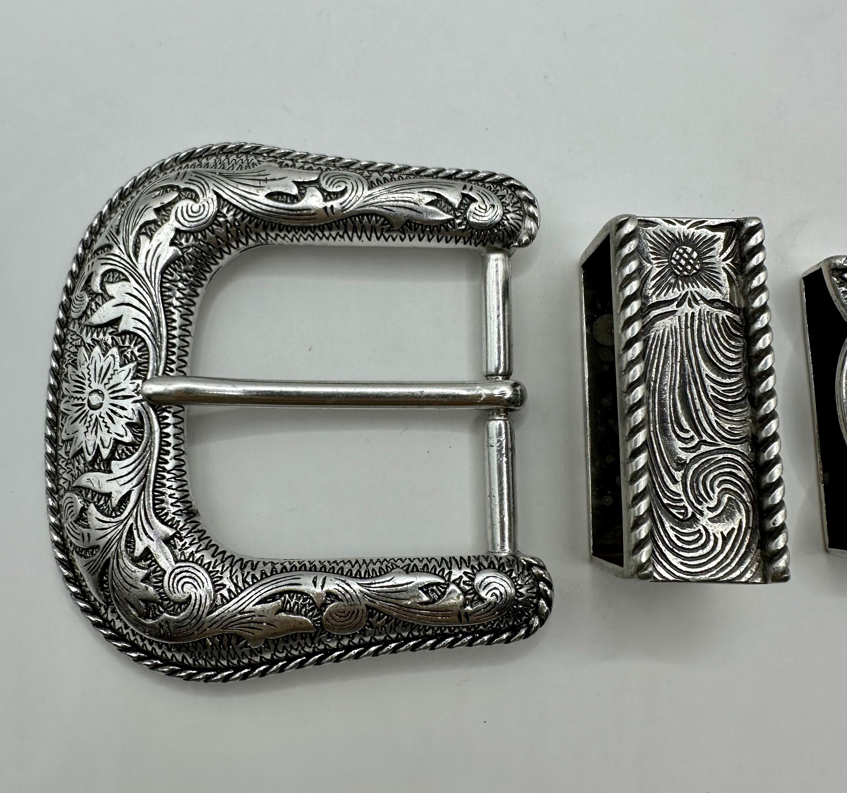 Vintage 3 Piece Western Belt Buckle Set - Roper Flower and  display picture 2