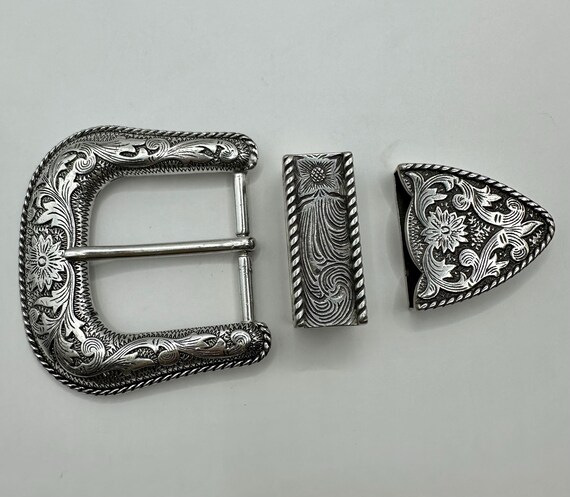 3-Piece Silver Western Rodeo Floral Engraved Belt Buckle Set - Fits 1-Inch Belts