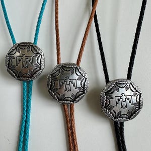 Silver Western Thunderbird Style Bolo Tie - Faux Turquoise Handmade Necktie Accessories Cotton Necklace Unique Cowgirl Cowboy Feathers
