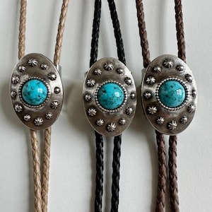 Silver Southwestern Oval Style Bolo Tie - Faux Turquoise Handmade Necktie Accessories Cotton Necklace Unique Cowgirl Cowboy Traditional Star
