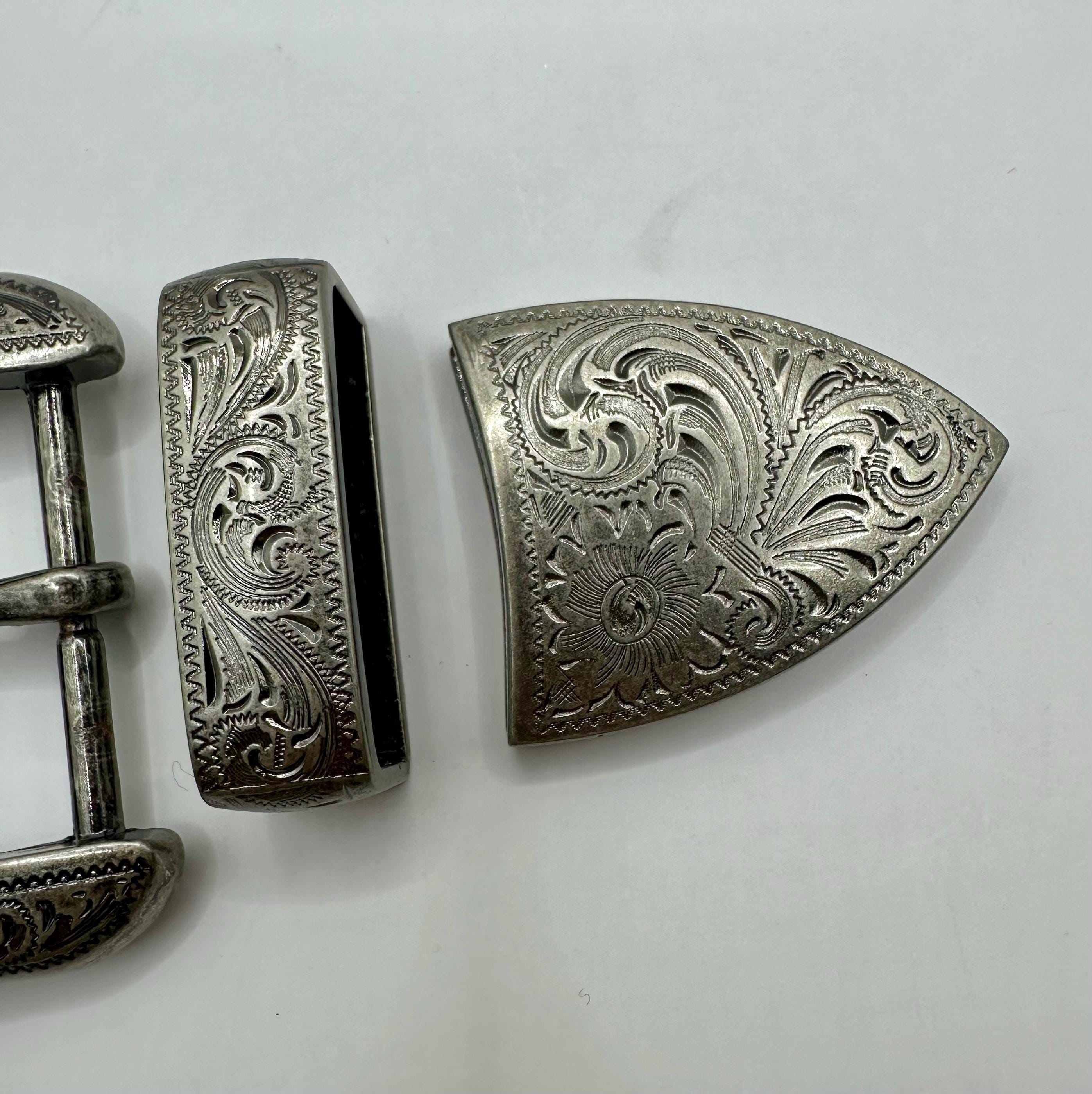 Classic Engraved Western 3 Piece Belt Buckle Set, Floral and 