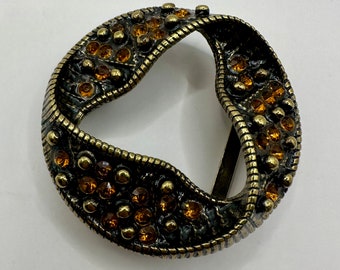 Belt Buckle Round Sculptural Wavy Vintage Interchangeable Antique Brass Orange Rhinestone