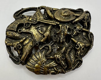 Large Western Belt Buckle, Vintage, Interchangeable, Heavy, Cowboy, Rodeo, USA made, Rare, Unique, Cowgirl, Leather Rock, Antique Brass Belt