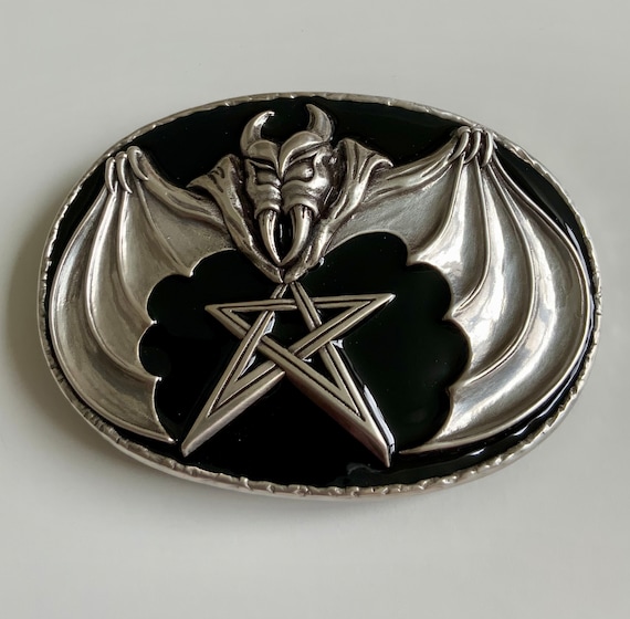 Vampire Bat and Pentagram Oval Vintage Belt Buckle Silver Plated Black Enamel