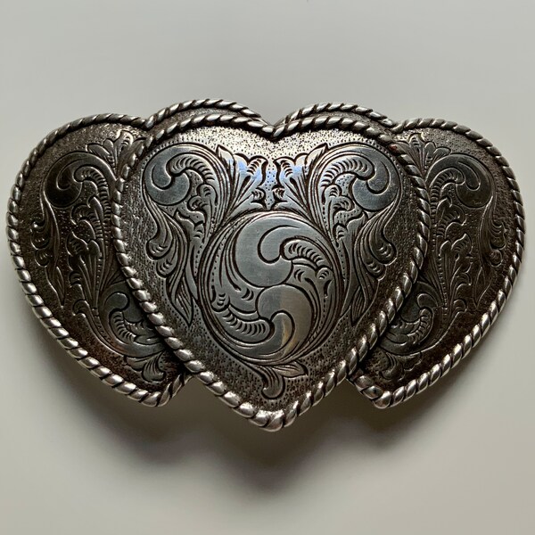 Vintage 3 Love Hearts Western Style with Vine Engravings Cowgirl Cowboy Rodeo Rope Borders High Quality Belt Buckle Heavy Antique Nickel