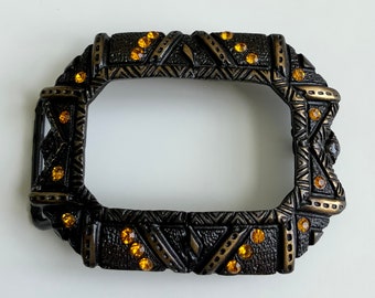 Vintage Large Cut Out Centre Belt Buckle with Border Chevron textured Details and Orange Rhinestones Antique Brass