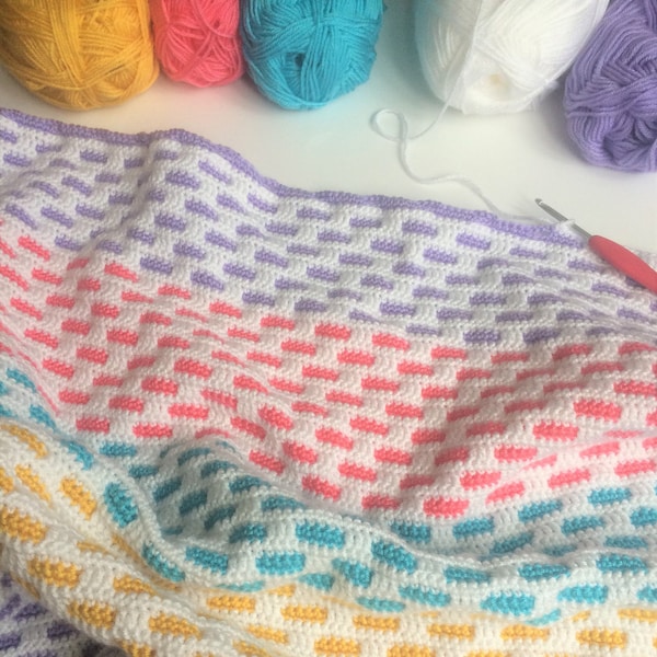 Happy Bricks Blanket crochet pattern - digital download - baby blanket - inset mosaic crochet - new baby gift - colourful - UK & US terms
