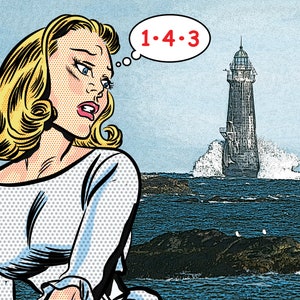 May include: A woman with blonde hair and a worried expression looks out at a lighthouse in the distance. The lighthouse is tall and black with a white top. The woman is thinking "1:4:3".