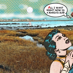 May include: A comic book style illustration of a couple standing in a field with a body of water and a town in the background. The man is saying "All I want right now is a Maria's Sub!" in a thought bubble above his head.