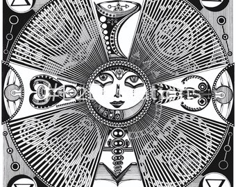 May include: Black and white illustration of a stylized sun with a human face, surrounded by geometric shapes and patterns. The sun has a crescent moon shape on either side of its face. The image is framed by a square border with a repeating pattern of circles and triangles.