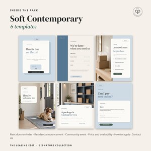 May include: Six digital templates titled Soft Contemporary featuring light blue and cream color schemes. The designs include text such as Rent is due on the 1st, We're here when you need us, A smooth start begins here, They're welcome too, A package is waiting for you, and Can I pay rent online?