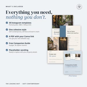 May include: A digital marketing kit featuring 30 Instagram templates in a soft blue and cream color palette. Includes a PDF with a Canva link, placeholder text, and an 8-page companion guide with 36 caption starters for property leasing.