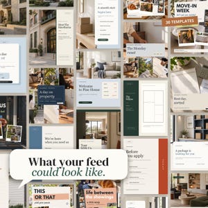 May include: A collection of thirty digital social media templates for property management featuring various layouts, neutral color palettes, and text overlays such as Meet The Hawthorne, A smooth start begins here, and Move-In Week.