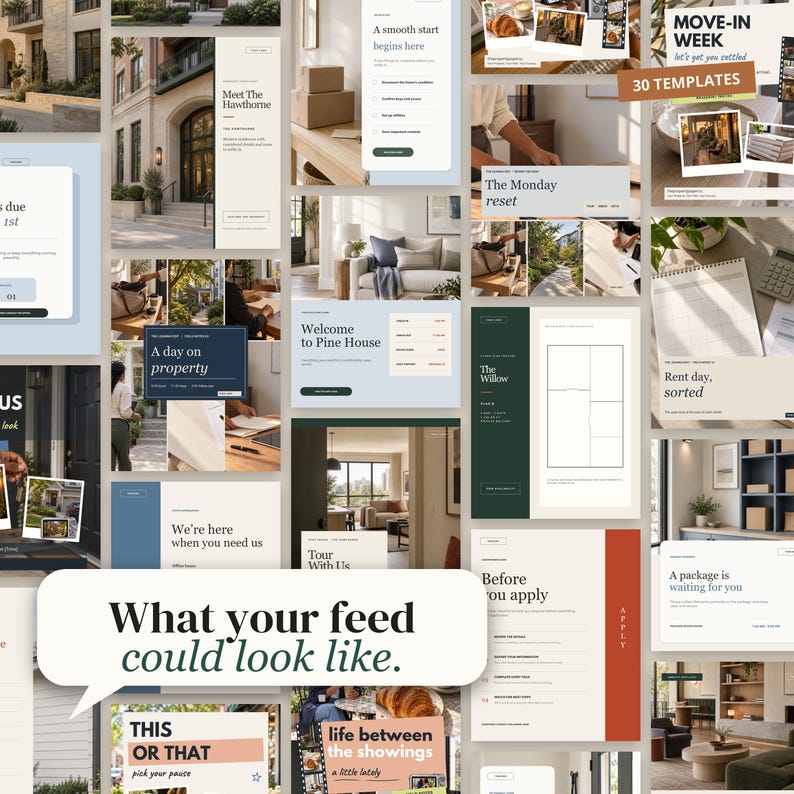 May include: A collection of thirty digital social media templates for property management featuring various layouts, neutral color palettes, and text overlays such as Meet The Hawthorne, A smooth start begins here, and Move-In Week.