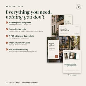May include: A set of 30 Instagram templates for property marketing, featuring a cream, deep green, and terracotta color scheme. Includes a PDF with a Canva link, an 8-page companion guide with 36 caption starters, and placeholder text.