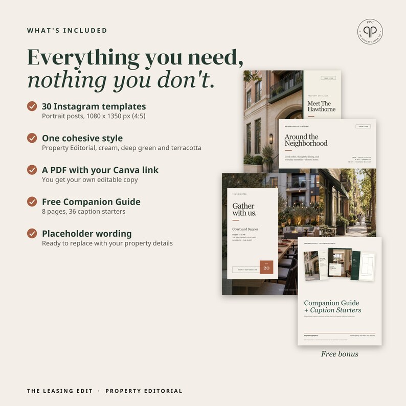 May include: A set of 30 Instagram templates for property marketing, featuring a cream, deep green, and terracotta color scheme. Includes a PDF with a Canva link, an 8-page companion guide with 36 caption starters, and placeholder text.