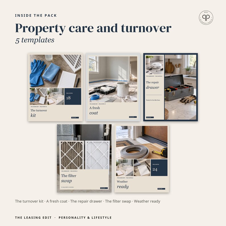 May include: A digital collection of five property care and turnover templates titled The turnover kit, A fresh coat, The repair drawer, The filter swap, and Weather ready. Each template features photographic imagery of cleaning supplies, painting tools, hardware, air filters, and home maintenance items.