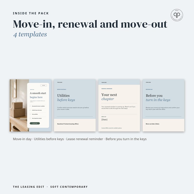 May include: A set of four digital templates for property management titled Move-in, renewal and move-out. The documents feature light blue and cream color blocks with text including A smooth start begins here, Utilities before keys, Your next chapter, and Before you turn in the keys.