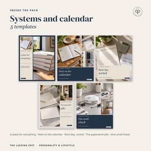 May include: A digital pack of 5 templates titled Systems and calendar, featuring imagery of organized paperwork, a calendar, a smoke detector, and text overlays including A place for everything, Next on the calendar, Rent day, sorted, The paperwork pile, and One small check.