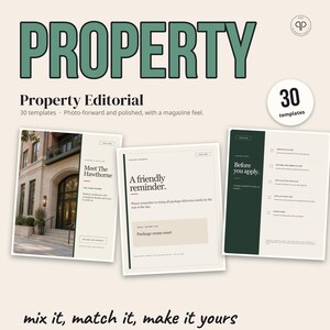 Pu&ograve; includere: Un set di 30 modelli digitali intitolati Property Editorial, su sfondo beige con testo verde. I modelli mostrano layout per annunci immobiliari, promemoria e guide alla candidatura con caratteri tipografici serif.