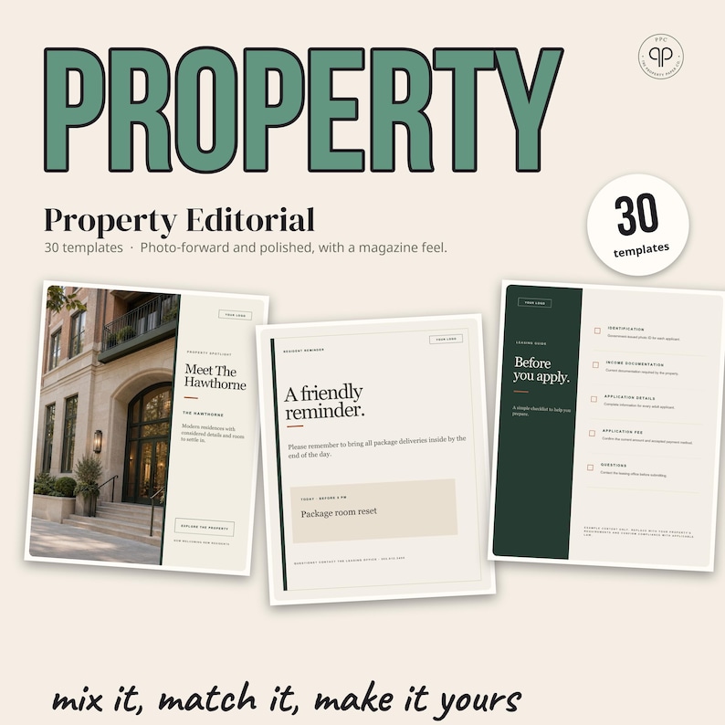 Pu&ograve; includere: Un set di 30 modelli digitali intitolati Property Editorial, su sfondo beige con testo verde. I modelli mostrano layout per annunci immobiliari, promemoria e guide alla candidatura con caratteri tipografici serif.
