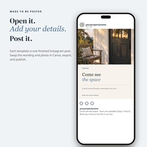 May include: A smartphone screen displaying a digital social media template for real estate. The interface shows a photo of a wooden chair on a porch next to a dark door, with text fields reading Come see the space and yourpropertyname.