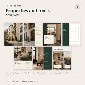 May include: A digital collection of seven social media templates titled Properties and tours, featuring layouts for real estate marketing. The designs include text overlays like Meet The Hawthorne, Tour With Us, Available Now, and Your must-have.