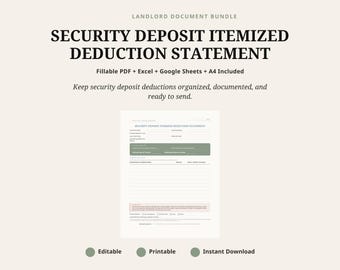 Landlord Security Deposit Deduction Statement | Canva, PDF, Excel (Instant Download)