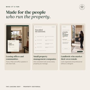 May include: A digital marketing graphic titled Who It's For, Made for the people who run the property. It displays three panels showcasing website templates for leasing offices, property management companies, and independent landlords.