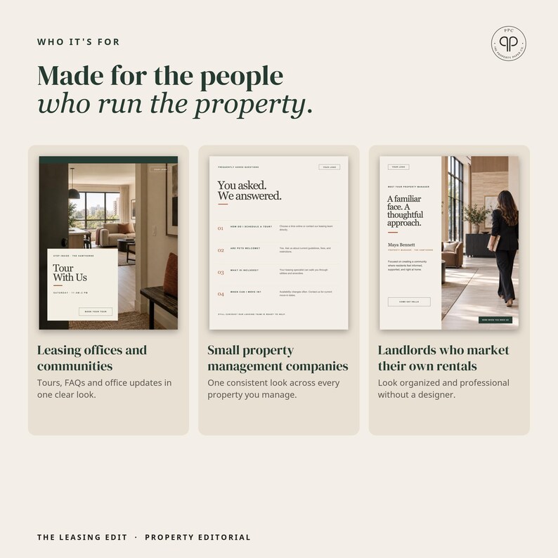 May include: A digital marketing graphic titled Who It's For, Made for the people who run the property. It displays three panels showcasing website templates for leasing offices, property management companies, and independent landlords.