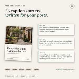 May include: A digital guide titled Companion Guide + Caption Starters featuring 36 caption starters for social media posts. The document includes text templates for leasing properties, categorized by labels like Attract, Inform, Engage, Connect, and Convert.