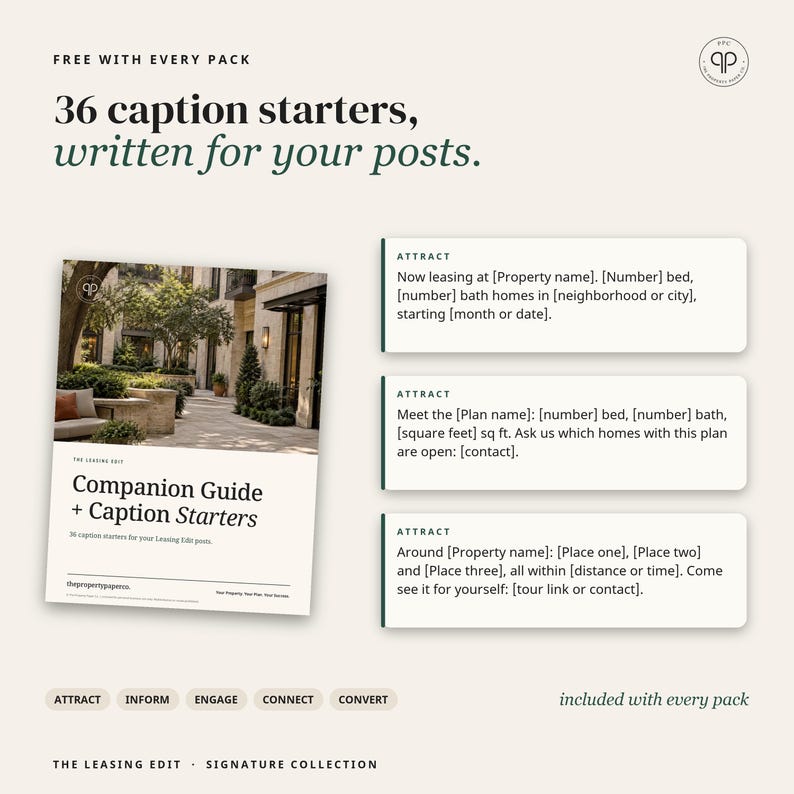 May include: A digital guide titled Companion Guide + Caption Starters featuring 36 caption starters for social media posts. The document includes text templates for leasing properties, categorized by labels like Attract, Inform, Engage, Connect, and Convert.