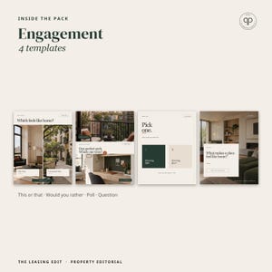 May include: A digital collection of four engagement templates featuring interior and exterior property photography. The layouts include text prompts like Which feels like home, Pick one, and What makes a place feel like home, with a neutral color palette.