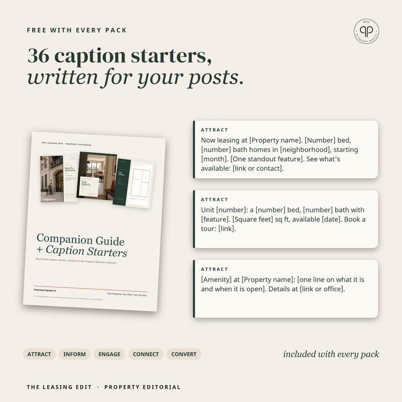 May include: A digital marketing resource titled Companion Guide + Caption Starters featuring 36 caption starters for social media posts. The document includes templates for property leasing with sections labeled Attract, Inform, Engage, Connect, and Convert, all presented on a light beige background with dark text.