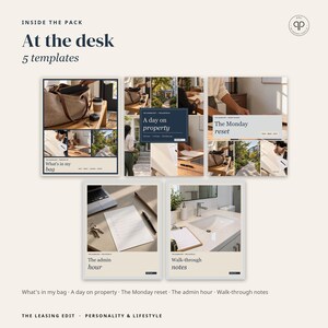 May include: A collection of five digital templates titled At the desk, featuring layouts for What's in my bag, A day on property, The Monday reset, The admin hour, and Walk-through notes. The designs include photography of bags, desks, and interiors.