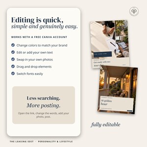 May include: A digital template for social media posts featuring the text Editing is quick, simple and genuinely easy. It includes a list of features for Canva, two example post layouts with photos, and the text Less searching. More posting.