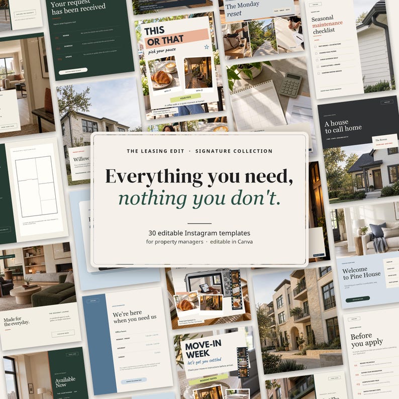 May include: A collection of 30 editable Instagram templates for property managers, featuring a central cream-colored card with the text "THE LEASING EDIT - SIGNATURE COLLECTION. Everything you need, nothing you don't. 30 editable Instagram templates for property managers - editable in Canva."