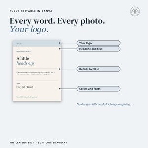 May include: A digital template for a maintenance update notice, featuring the text Every word. Every photo. Your logo. The layout includes placeholders for a logo, headline, text, details, colors, and fonts, all fully editable in Canva.