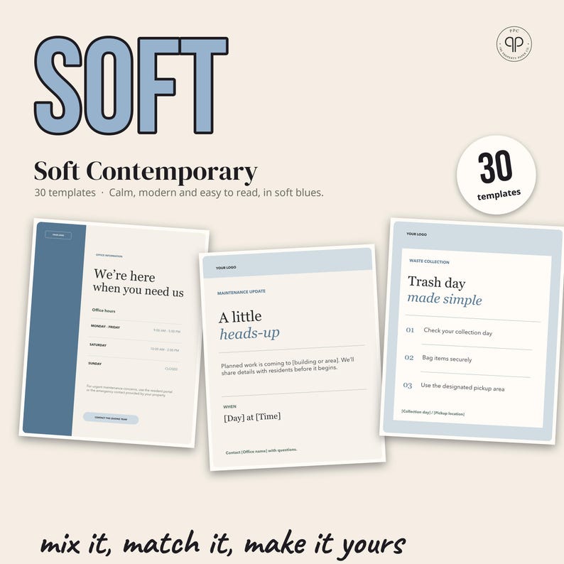 Pu&ograve; includere: Una collezione digitale di 30 modelli con tonalit&agrave; blu tenue e crema. Il testo include titoli come SOFT, Soft Contemporary, We're here when you need us, A little heads-up, Trash day made simple e mix it, match it, make it yours.