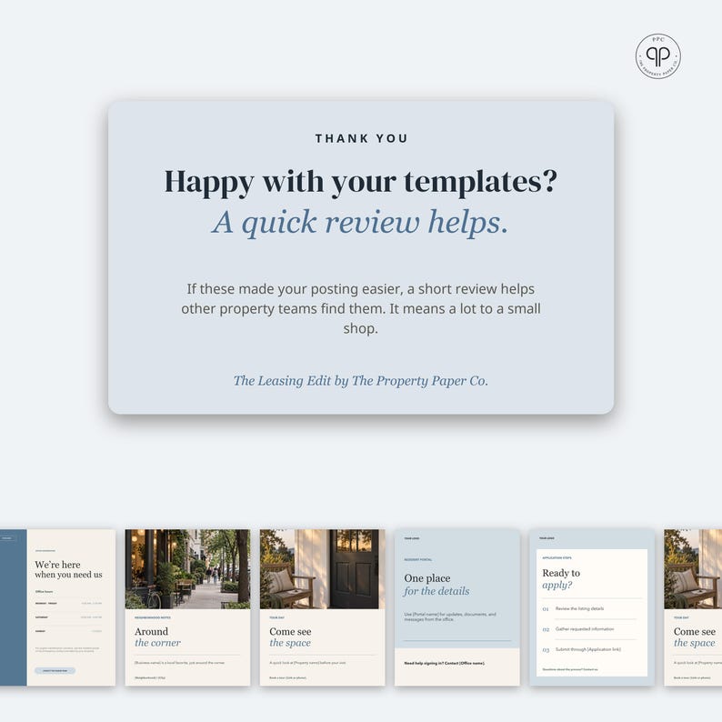 May include: A light blue rectangular card with dark text reading Thank You, Happy with your templates? A quick review helps. It includes a request for reviews and the text The Leasing Edit by The Property Paper Co. Below are six smaller template previews.