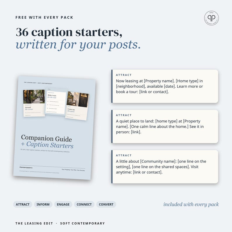 May include: A digital guide titled Companion Guide + Caption Starters featuring 36 caption starters for social media posts. The document includes text templates for property leasing, categorized by labels like Attract, Inform, Engage, Connect, and Convert.