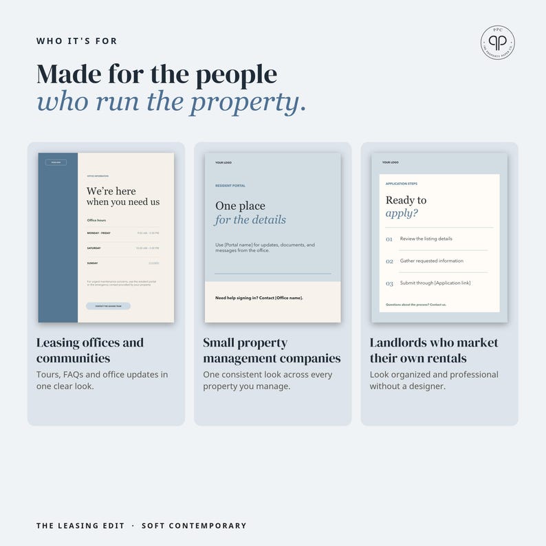 May include: A digital marketing graphic titled Who It's For: Made for the people who run the property. It displays three template examples for leasing offices, property management, and landlords, featuring text, lists, and a soft blue and cream color palette.